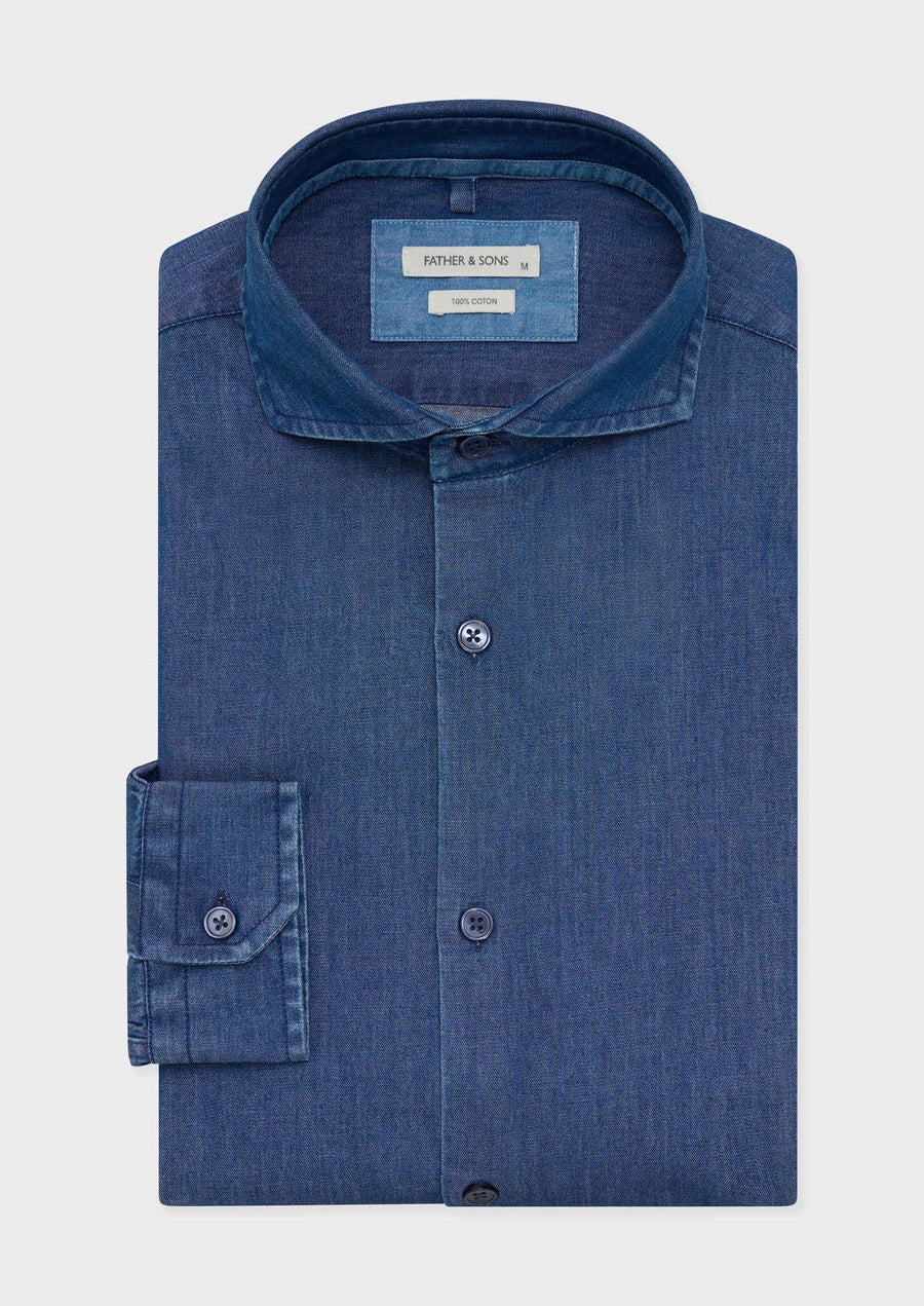 Chemise sport Slim en coton denim uni bleu jeans