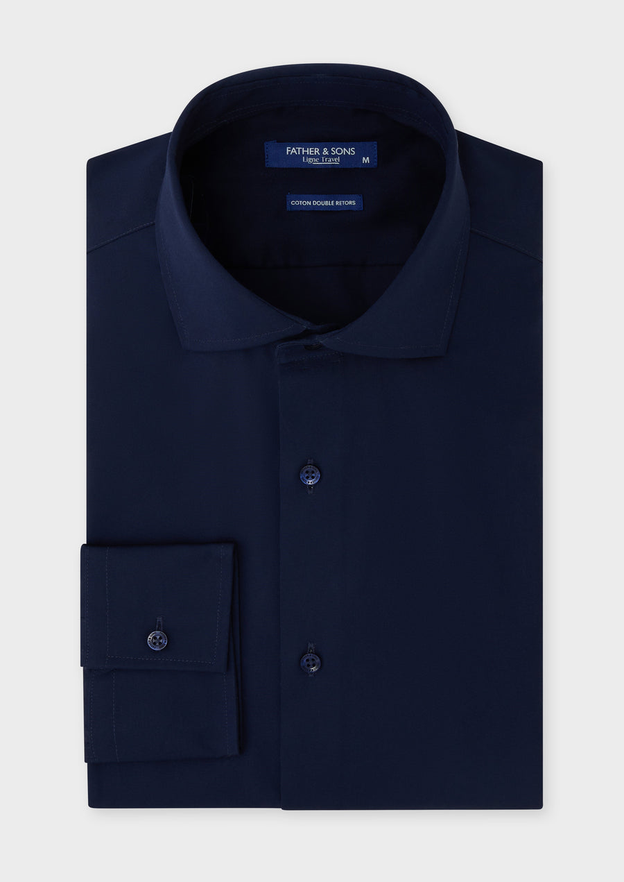 Chemise habillée non-iron Slim en twill de coton uni bleu marine